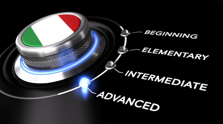 Modern switch pointing the word advanced. Black background. Concept of Italian courses or language skill levelの写真素材