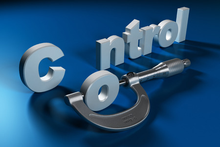 Concept of mchanical measurement or quality. Word control in 3D with the letter O measured by a micrometer, blue backgroundの写真素材