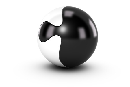Splited sphere or spherical jigsaw puzzle with two colors black and white symbol of partnership or collaborative work or strategic alliance.の写真素材