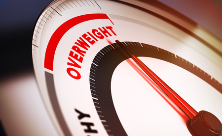 Bathroom scale with the needle pointing the word overweight. Conceptual 3D render suitable for diet or overweight purposeの写真素材