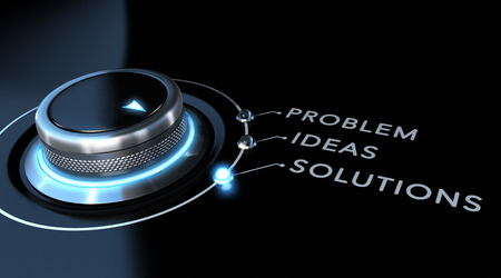 Solution switch positioned on the word solutions over black and blue background. Concept of problem solving.の写真素材