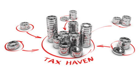 Stacks of generic coins over white background with arrows pointing the center. Conceptual image for tax evasion. Tax haven illustrationの写真素材