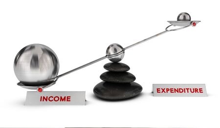 Two spheres with different sizes on a seesaw with the words income and expenditure over white background, profit or ROI concept.の写真素材