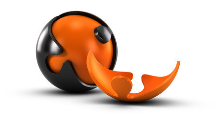 Orange and black spherical puzzle with the missing part at the foreground. Creative business solutions concept over white backgroundの写真素材