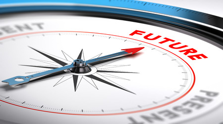Compass with needle pointing the word future. Conceptual illustration suitable for motivation purpose or future vision.の写真素材