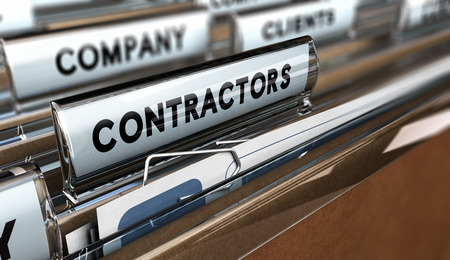 Close up on a file tab with the word contractors, focus on the main word and blur effect. Concept image for illustration of contractors or subcontractors company database.の写真素材
