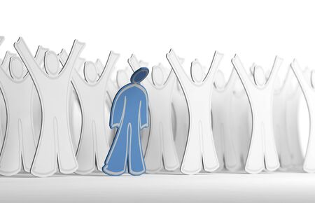 Many white character with arms raised and one blue person with his arms down. Conceptual...
