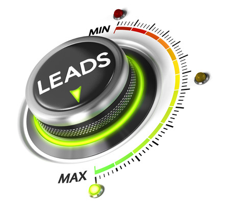 Leads switch button positioned on maximum, white background and green light. Conceptual image for leads generation illustration.の写真素材