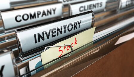 Close up on a file tab with the word inventory and a note fixed with a paperclip where it is handwritten stock, focus on the main text and blur effect. Concept image for illustration of inventory management.の写真素材