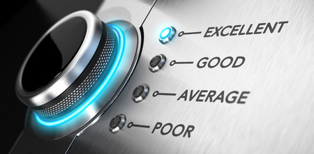 Rating button positioned on the word excellent. Conceptual image for illustration of good customer service and client satisfaction.の写真素材