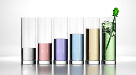 Six glasses with different colors over white background, concept image for illustration of business chart and growth.の写真素材
