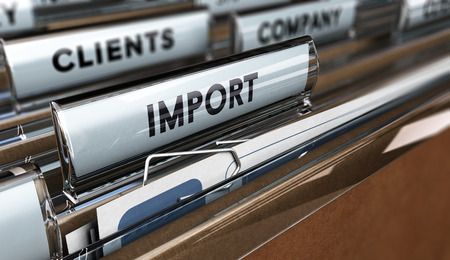 Close up on a file tab with the word import, focus on the main text and blur effect. Concept image for illustration of global businessの写真素材