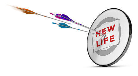 One target with three colorful arrows hitting the text new life. Concept image for illustration of successfuly start a new life or self confidence, .の写真素材