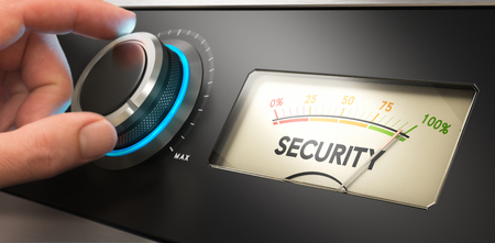 Hand turning a knob up to the maximum, Concept image for illustration of security improvement.の写真素材