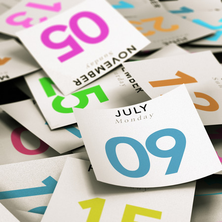 Many tear-off day calendar with focus on the 9th july, illustration image for time passing.の写真素材