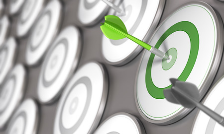 One dart hits the center of a green target with many grey targets around it. Concept image for...
