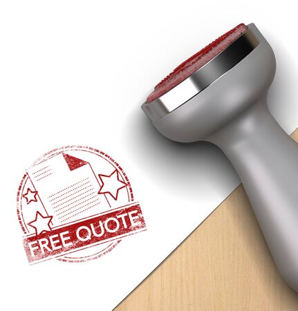 Rubber stamp over white and wooden background with the text free quote printed on it. concept image for illustration of quotation.の写真素材