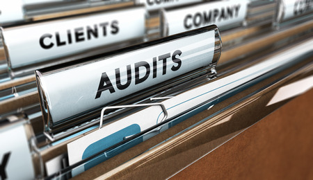 Close up of a folder tab with the word audit, 3D illustration. Business management concept.の写真素材