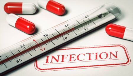 3D illustration of a thermometer and pill with the word infection. Concept of disease.