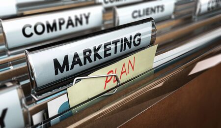 3D illustration of a file tab with focus on the text marketing plan. Concept of business strategic planning.の写真素材