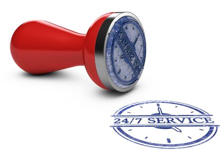 3D illustration of a rubber stamp and blue mark over white background. Concept of service always open.の写真素材