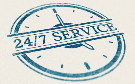 3D illustration of a rubber stamp mark over paper background. Concept of nonstop service or online...
