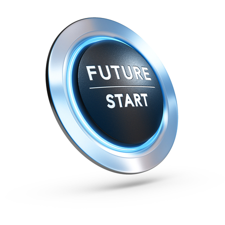3D illustration of a pushbutton where it is written future start with blue light over white background. Concept image for illustration of life change or strategic vision.の写真素材