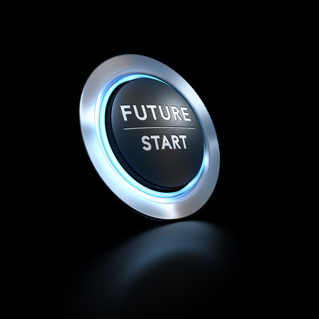 3D illustration of a pushbutton where it is written future start with blue light over black...