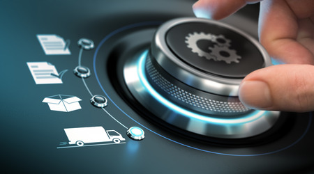 Hand turning a process knob with gears symbols. Concept of e-commerce. Composite image between a...