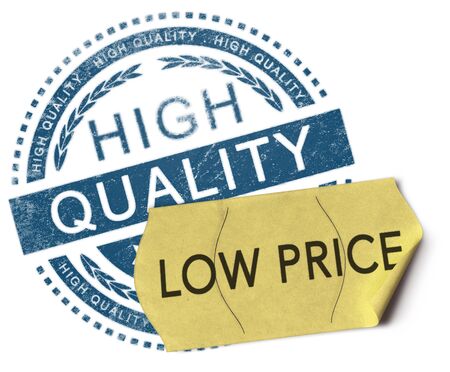 3D illustration of a rubber stamp with the text high quality and a price sticker where it is written low price over white background. Advertising concept.の写真素材