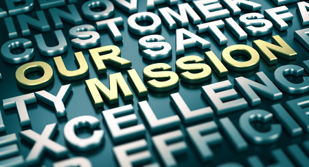 3D illustration of a company mission statement with blur effect and many positive words surrounding the main textの写真素材