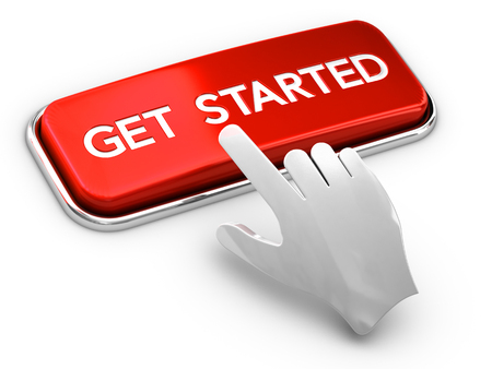 3D illustration of a call to action button where it is written get started and a hand over white backgroundの写真素材