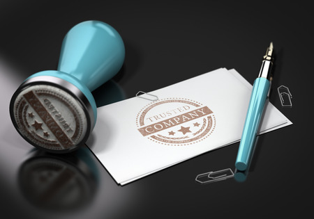 3D illustration of business cards with tursted company imprinted on it. Image over black background...