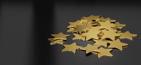 3D illustration of many golden stars over black background, horizontal image suitable for headerの写真素材