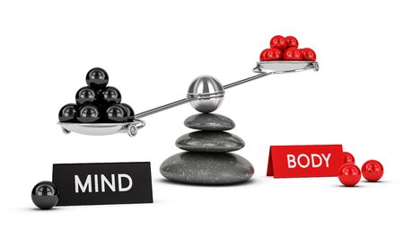3D illustration of a seesaw with spheres and two parts body and mind, horizontal image. Concept of wellnessの写真素材