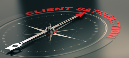 3D illustration of a conceptual compass with needle pointing the text client satisfaction, Business or Marketing concept. Horizontal image, red and black tones.の写真素材