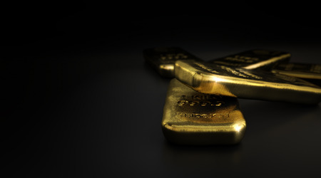 3D illustration of gold bullion bars over black background with copyspace on the left,  horizontal...