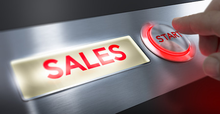 Finger pressing a start button to activate sales sign. Composite between an image and a 3D backgroundの写真素材