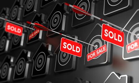 Many houses symbols over black, Three of them are pierced by an arrow in the center of the target. 3D illustration concept of real estate and property searchの写真素材