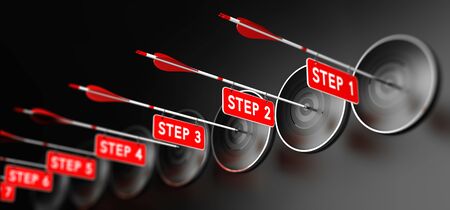3D illustration of arrows with red signs hitting modern targets over black background. Training steps concept, horizontal image.の写真素材