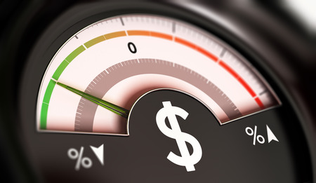3D illustration of a dial with dollar symbol with needle pointing the green zone. Drop of prices concept, horizontal image.の写真素材