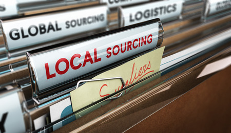 3D illustration of company folder with focus on one tab and the text local sourcing, Concept of protectionism の写真素材