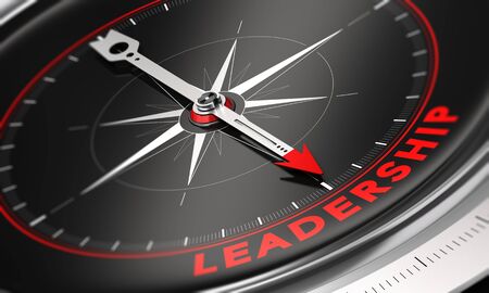 3D illustration of a compass with black background. Needle pointing the word leadership.の写真素材