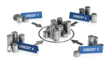3D illustration of credit consolidation principle over white background.の写真素材