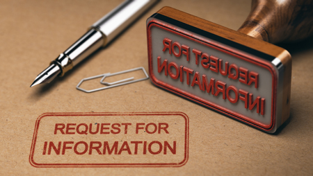 Request for information printed on a kraft envelop, with office supplies and rubber stamp, RFI concept. 3D illustrationの写真素材