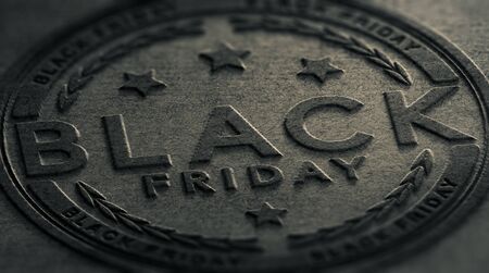 Text Black Friday embossed on a dark grey paper texture. Sales concept. 3D illustration.の写真素材