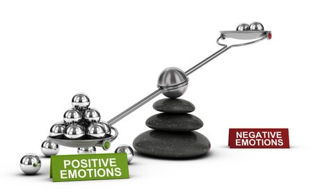 3D illustration of a seesaw with metal spheres with the words positive and negative emotions over white background. Concept of mental and emotional well-being.の写真素材