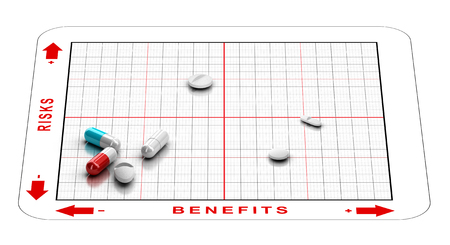 3D illustration of a matrix with tablets and the words risks and benefits. Concept of clinical trials results の写真素材