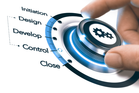 Hand turning a knob over white background to monitor and select project management phases. Composite image between a hand photography and a 3D background.の写真素材