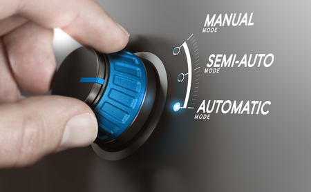 Hand turning a knob over grey background and selecting the automatic mode. Manufacturing process automation or automatic testing concept. Composite image between a hand photography and a 3D background.の写真素材